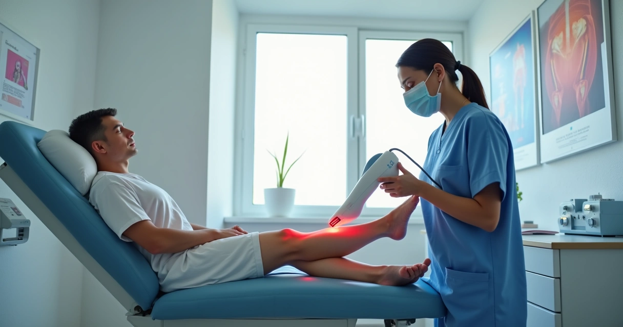 Médico aplicando laser em perna com varizes em ambiente clínico moderno 