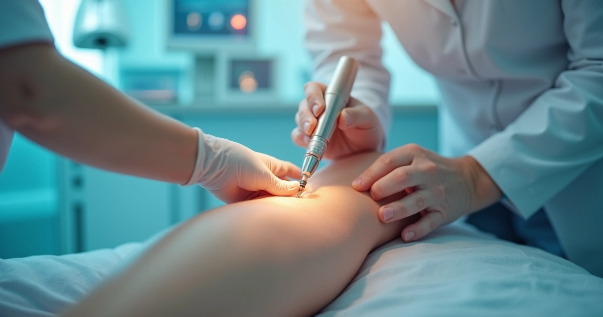 Paciente recebendo tratamento de varizes a laser em consultório moderno 