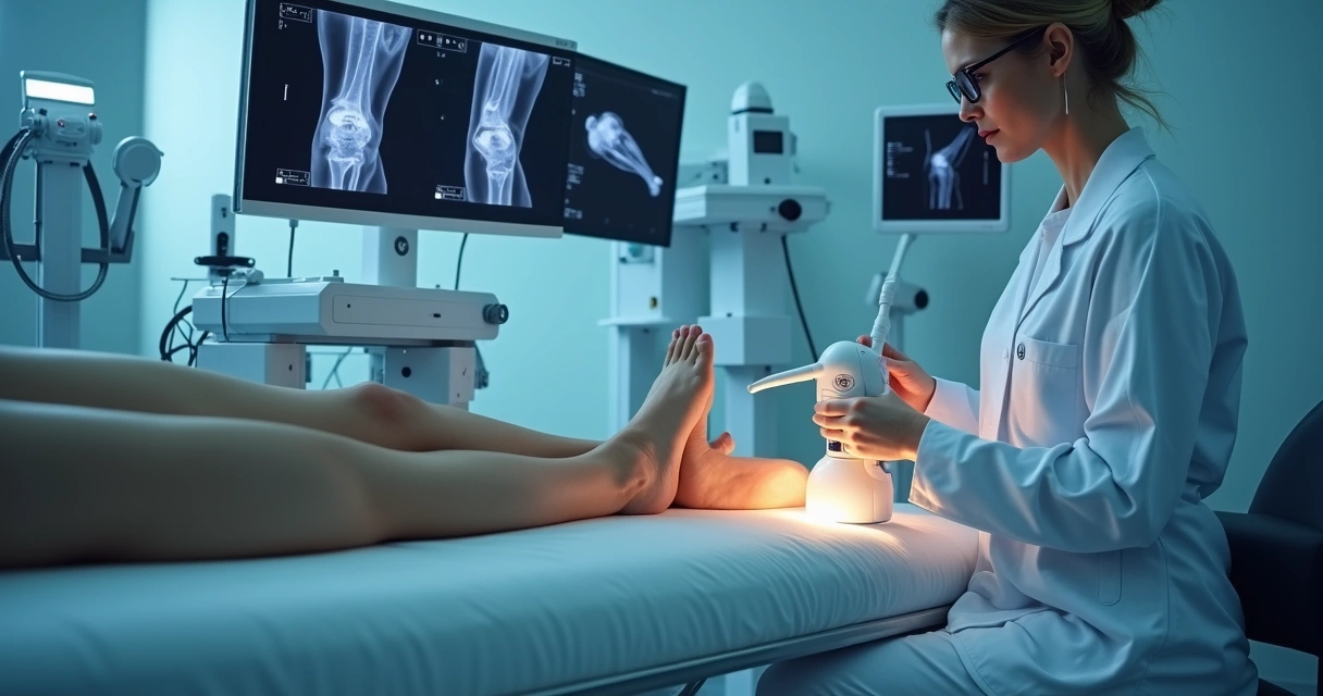 Médico realizando tratamento de varizes a laser guiado por ultrassom em paciente