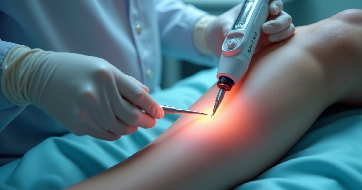 Aplicação de laser endovenoso em perna com varizes usando ultrassom 