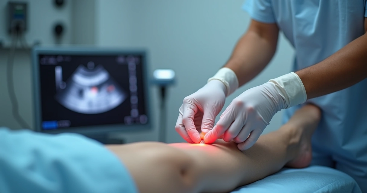 Médico vascular realizando tratamento a laser na perna de uma paciente 