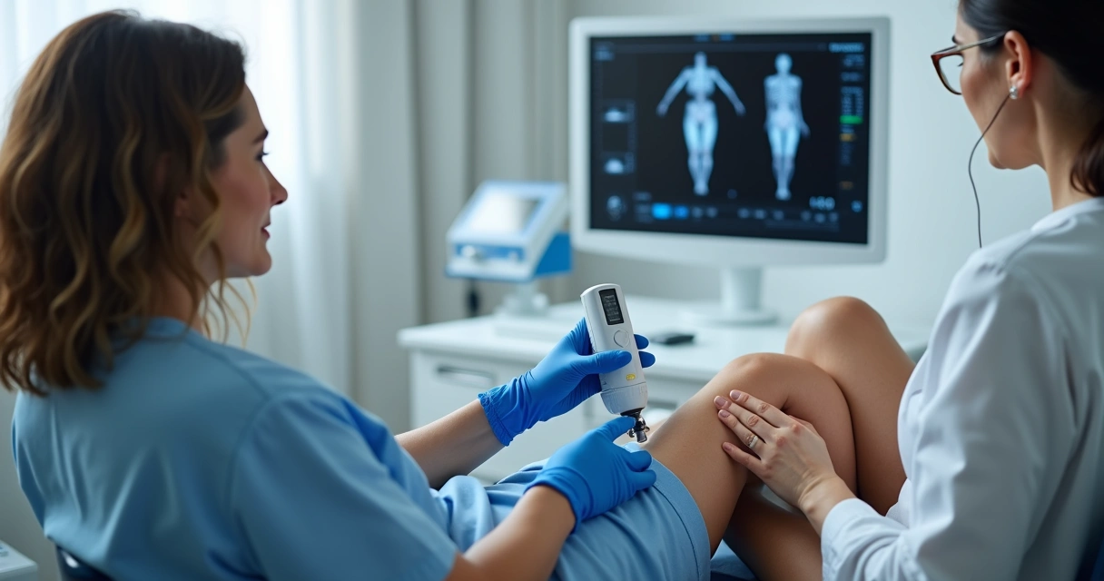 Médico realizando procedimento de laser endovenoso em perna feminina em consultório moderno