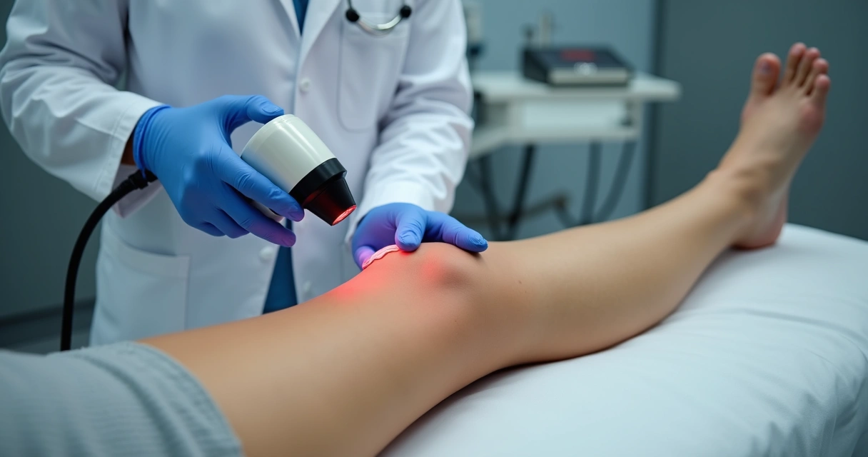 Médico realizando tratamento a laser em perna de paciente