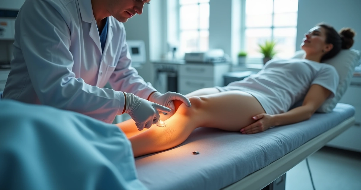 Procedimento de laser endovenoso em perna de paciente com varizes 