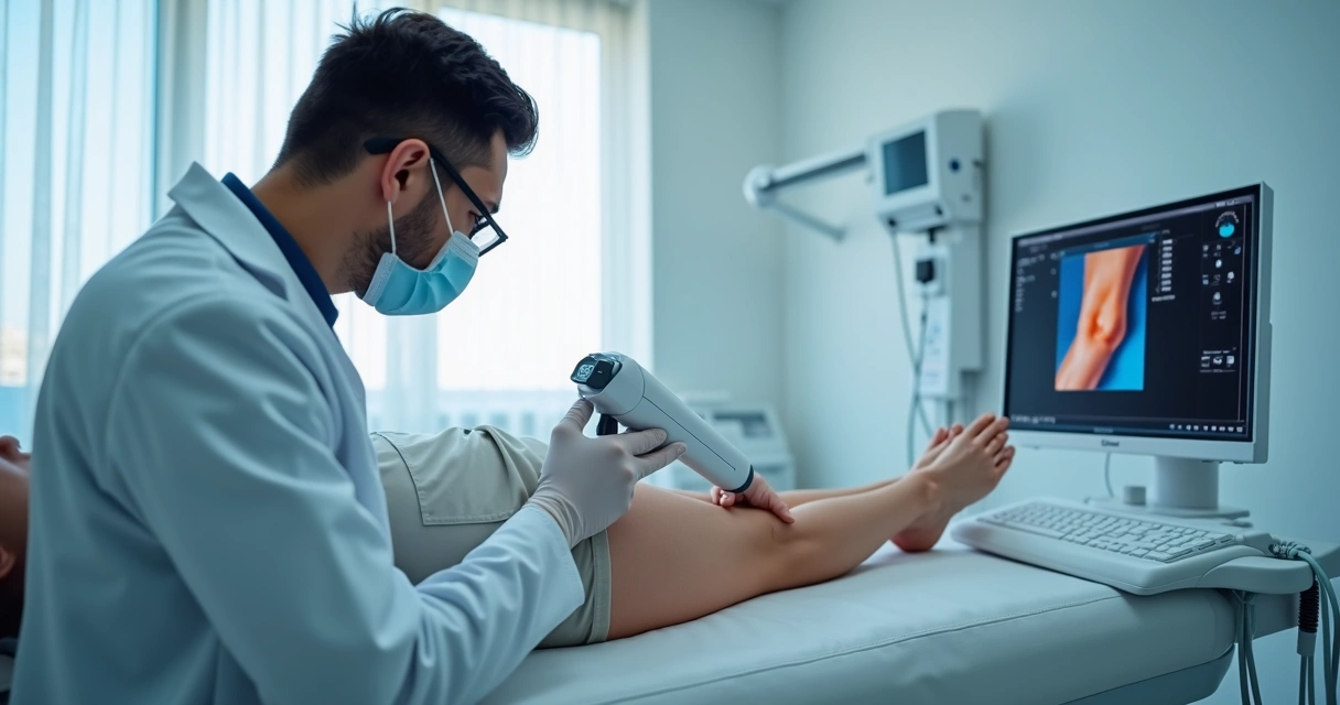 Médico realizando tratamento vascular com laser guiado por ultrassom 