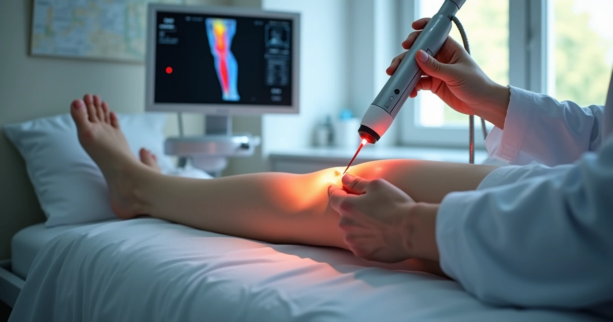 Procedimento de laser endovenoso guiado por ultrassom em perna com varizes 