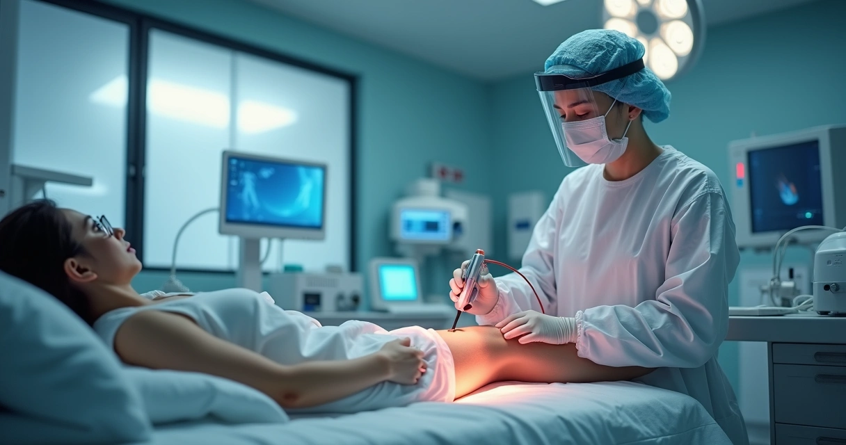 Tratamento de varizes a laser em ambiente clínico, médico aplicando equipamento moderno, paciente relaxado na maca 