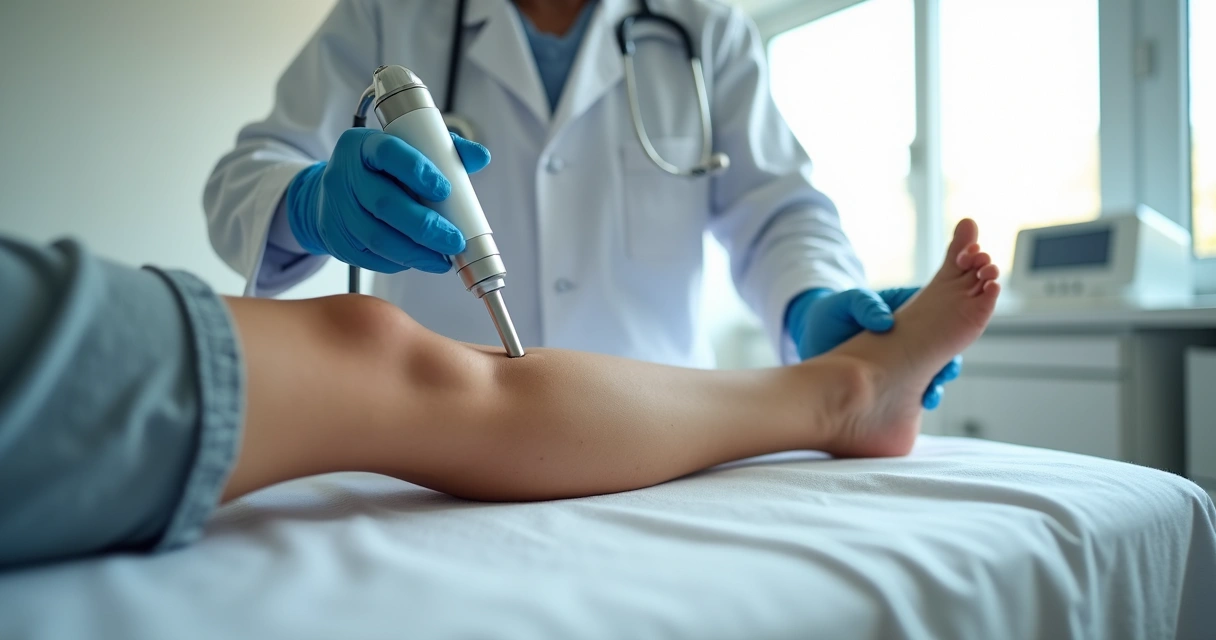 Médico realizando tratamento a laser em perna de paciente contra varizes em clínica especializada 