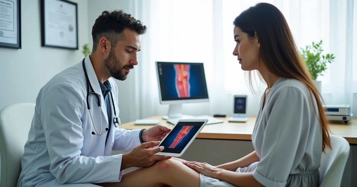 Médico vascular mostrando em tablet o tratamento a laser para varizes a uma paciente na clínica 