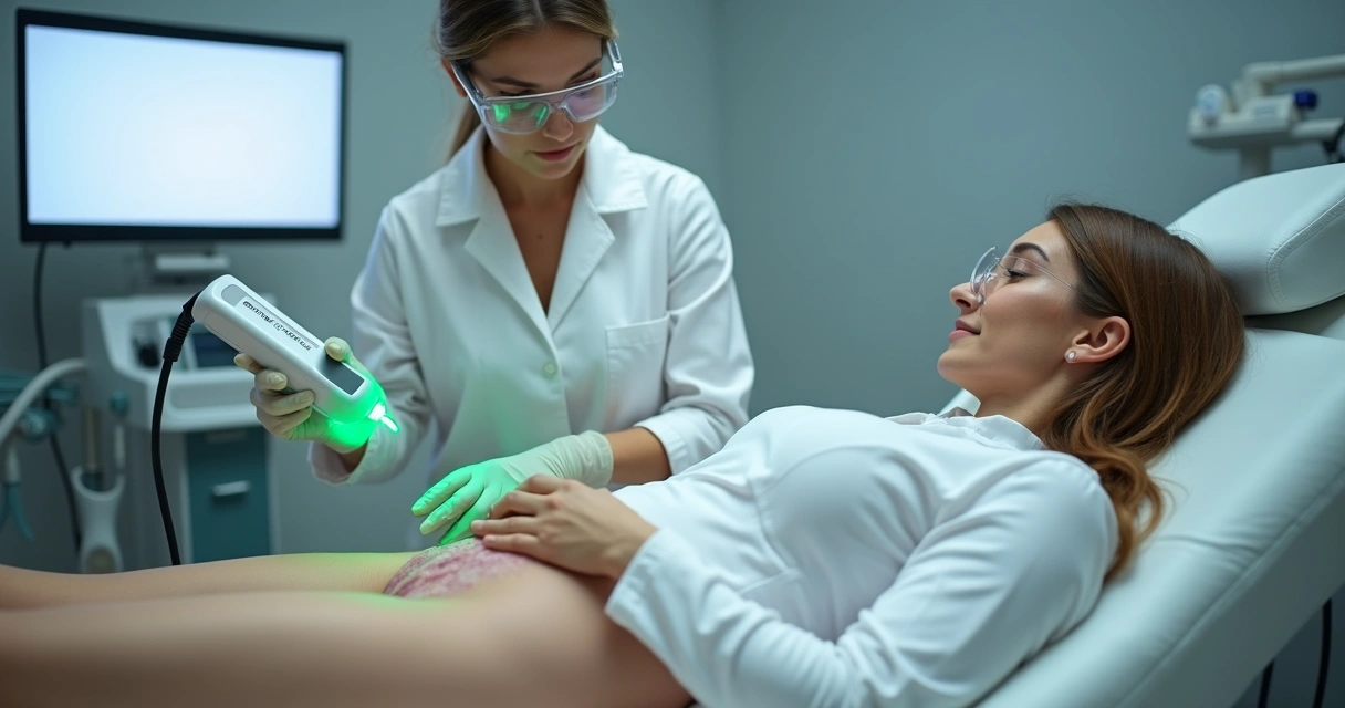 Aplicação de laser na perna para tratamento de varizes em clínica vascular