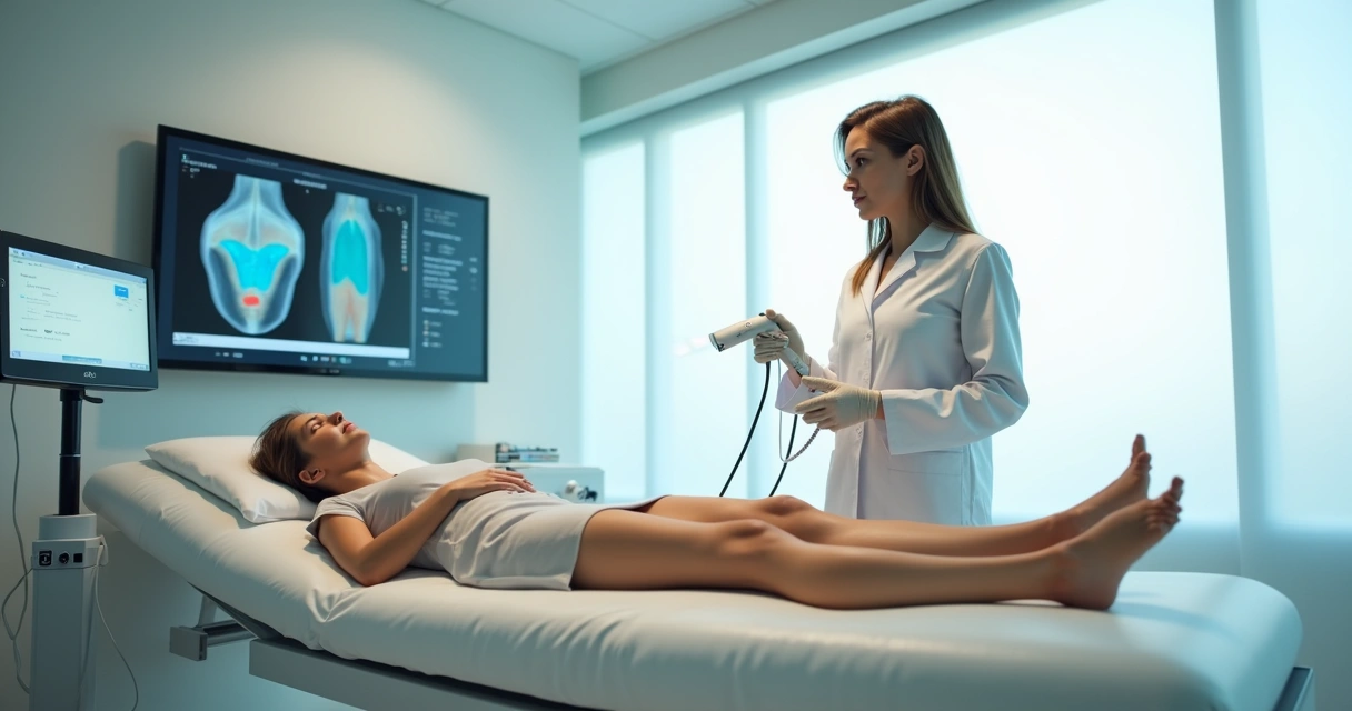 Pessoa relaxada em maca durante tratamento a laser para varizes em clínica moderna 