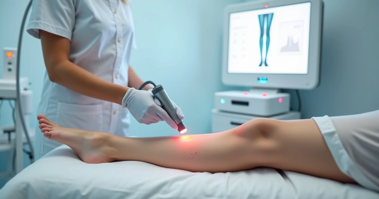 Detalhe de perna com varizes sendo tratada com laser em clínica vascular moderna 