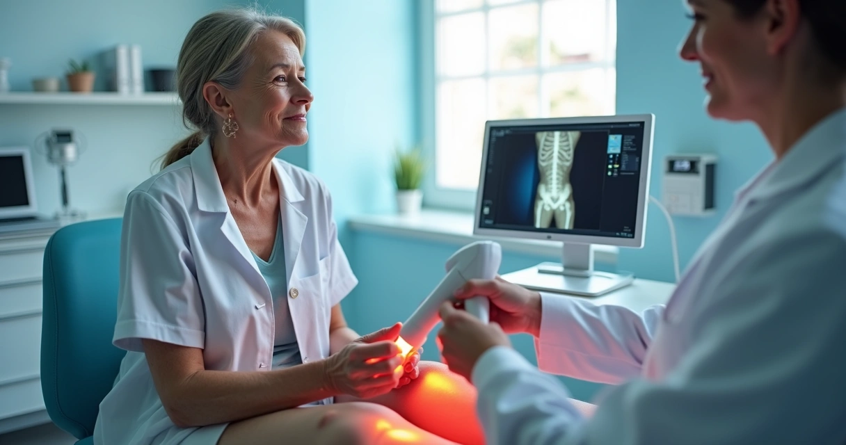 Médico aplicando tratamento a laser em pernas com varizes 