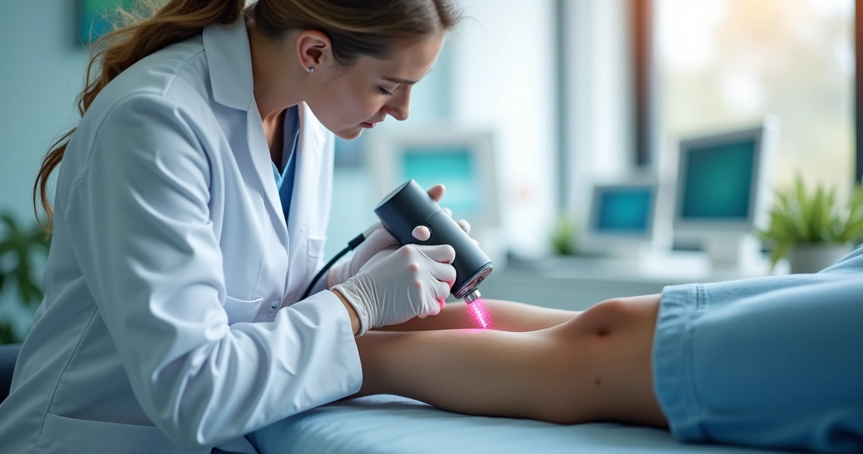 Médico realizando procedimento de laser em paciente em consultório moderno 
