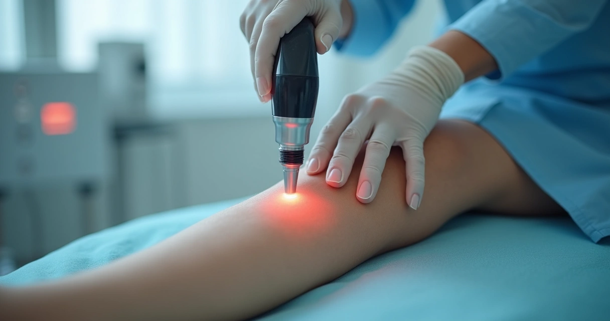 Detalhe da aplicação de laser em varizes na perna 
