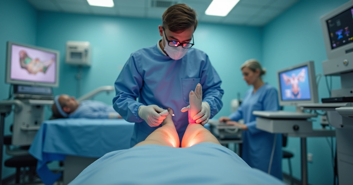 Médico aplicando laser moderno em pernas femininas com varizes 