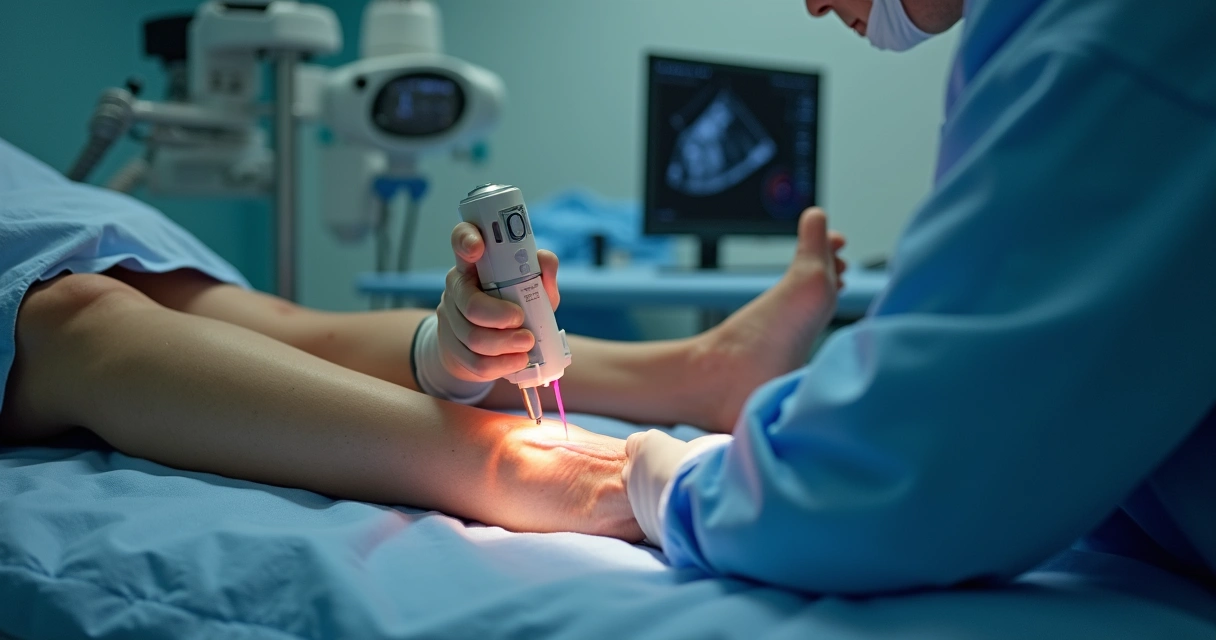 Médico aplicando laser em perna durante tratamento de varizes 