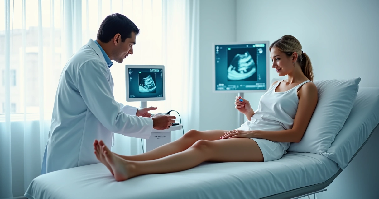 Médico aplicando laser nas pernas para tratamento de varizes em clínica moderna 