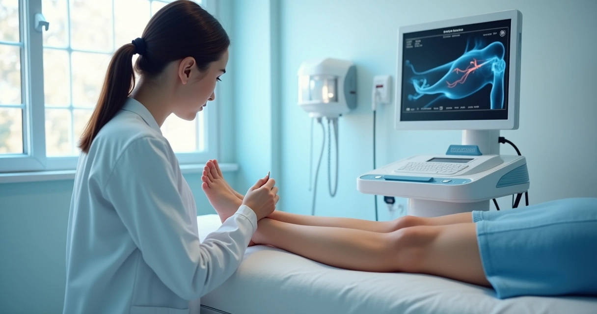 Médico realizando tratamento a laser nas pernas de paciente 