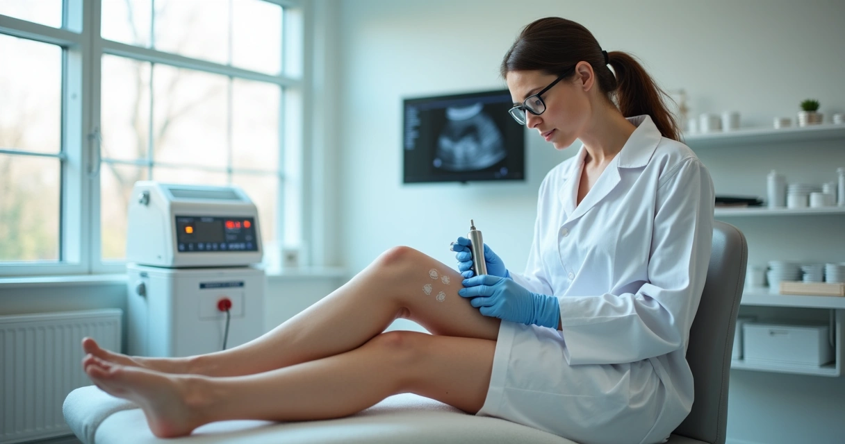 Cirurgiã vascular realiza secagem de vasinhos com laser na perna de paciente em consultório moderno 