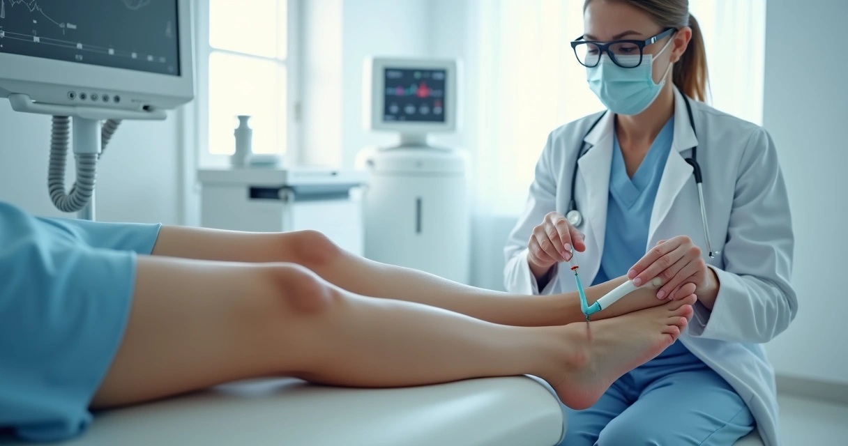 Aplicação de laser transdérmico em vasinhos nas pernas em consultório vascular 
