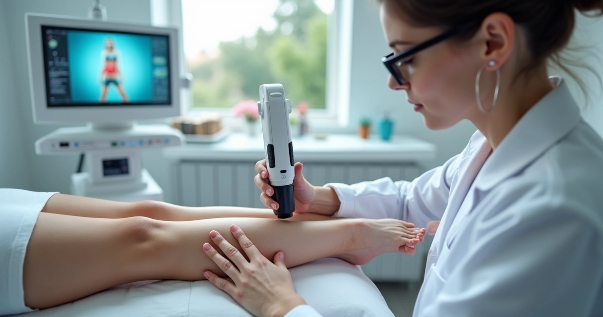 Procedimento a laser em pernas com vasinhos sendo realizado por profissional 