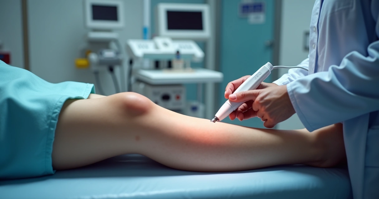 Médico usando ultrassom em perna para tratamento de varizes com laser 3D 