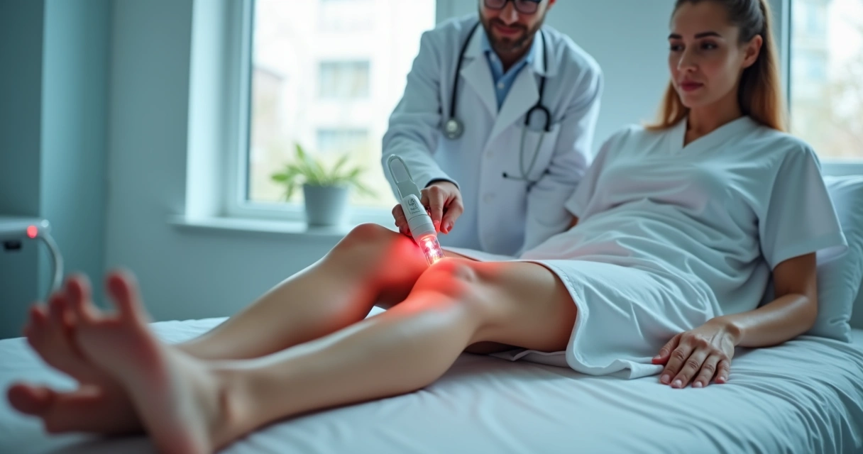 Médico aplica laser em perna feminina em ambiente clínico