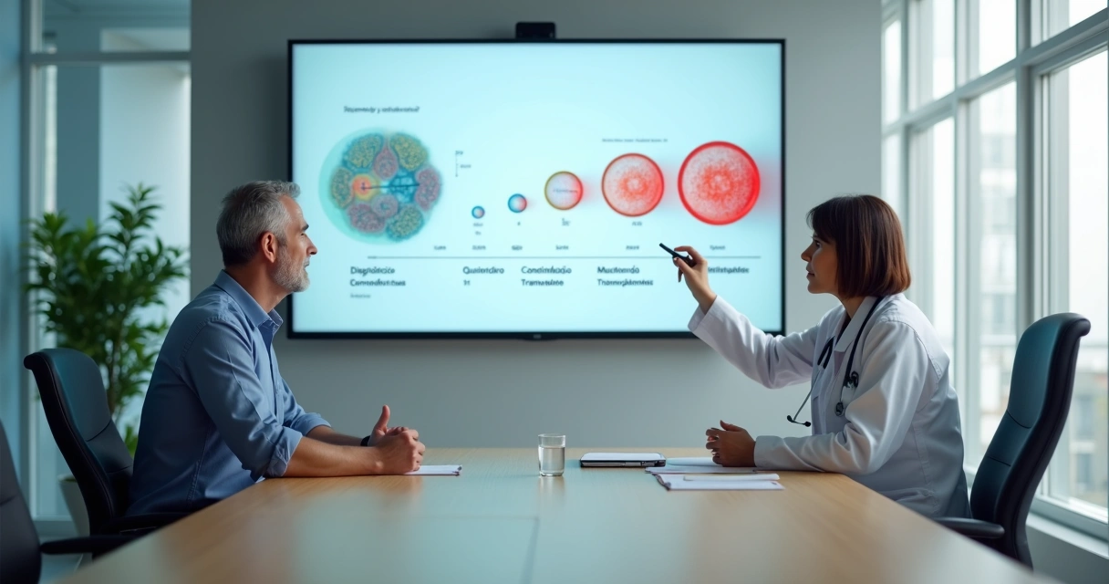 Hematologista explicando tratamento de leucemia linfoide aguda a adulto com painel ilustrado ao fundo 