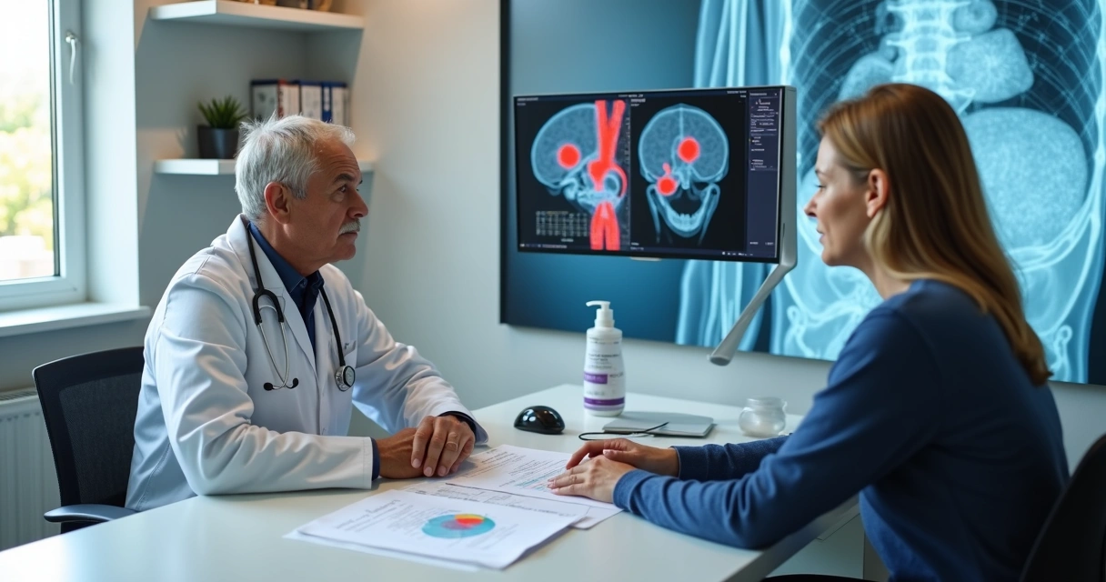 Hematologista explicando tratamento de linfoma de Hodgkin para paciente em consultório 