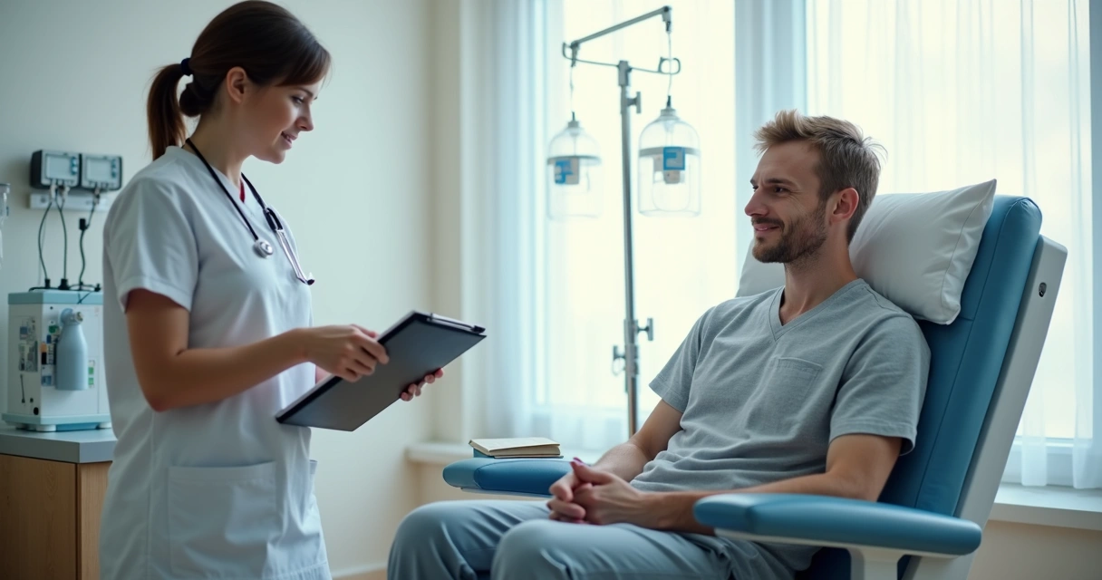 Paciente adulto jovem recebendo quimioterapia no hospital 