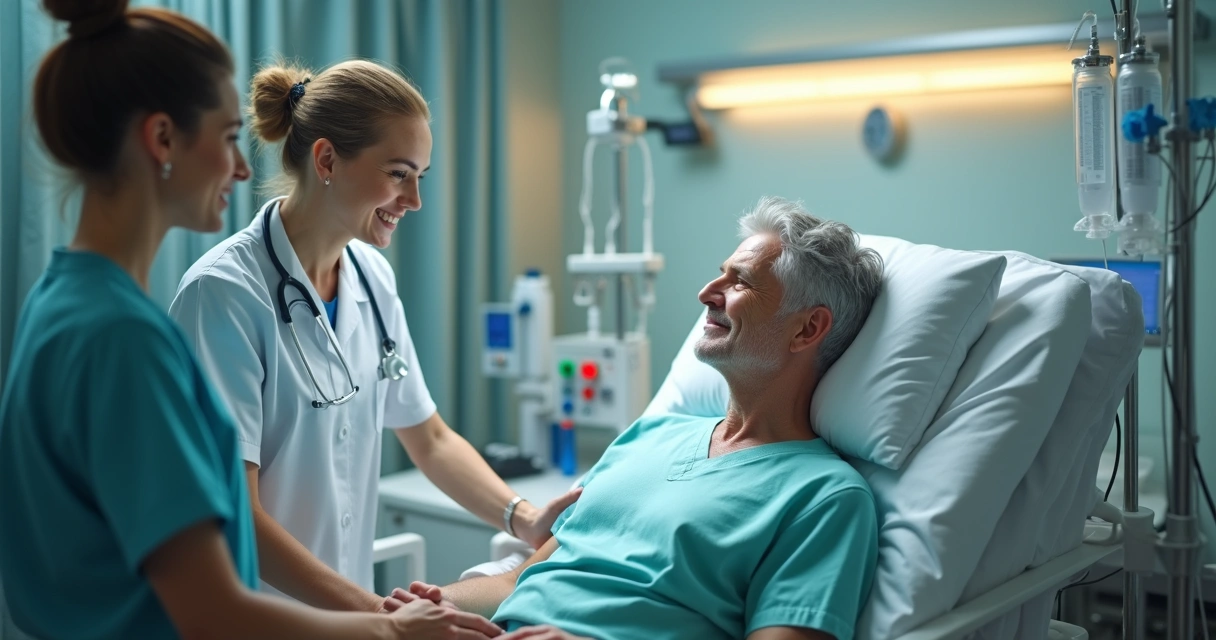 Paciente recebendo quimioterapia em sala de tratamento oncológico 