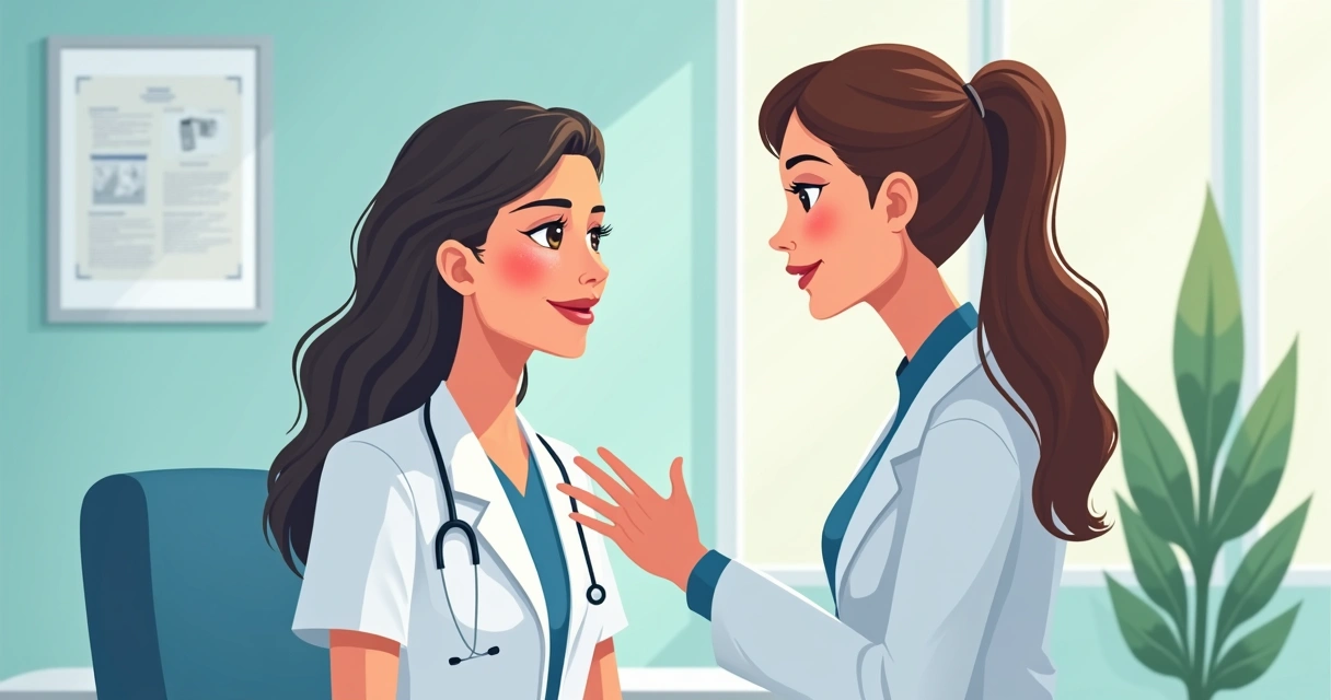 Dermatologista avaliando mancha no rosto de paciente em consultório claro 