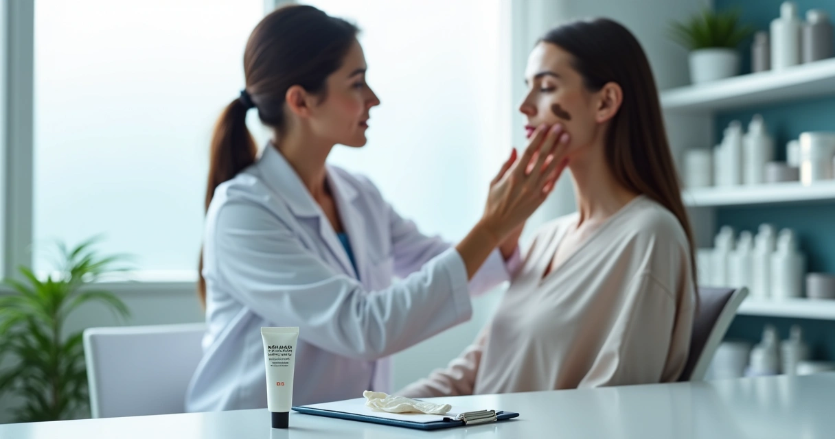 Dermatologista avaliando manchas de melasma no rosto de paciente feminina em consultório 