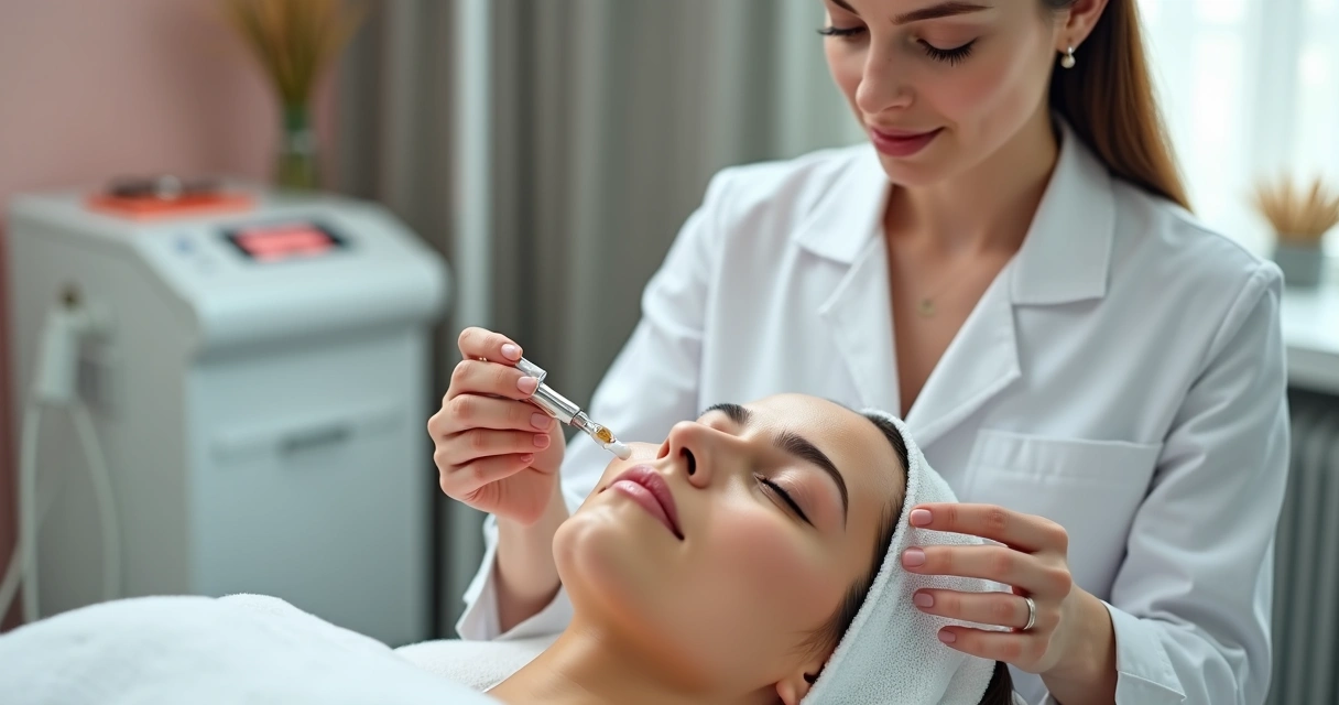 Tratamento facial moderno para manchas com profissional aplicando produto em mulher de pele morena em clínica de estética 