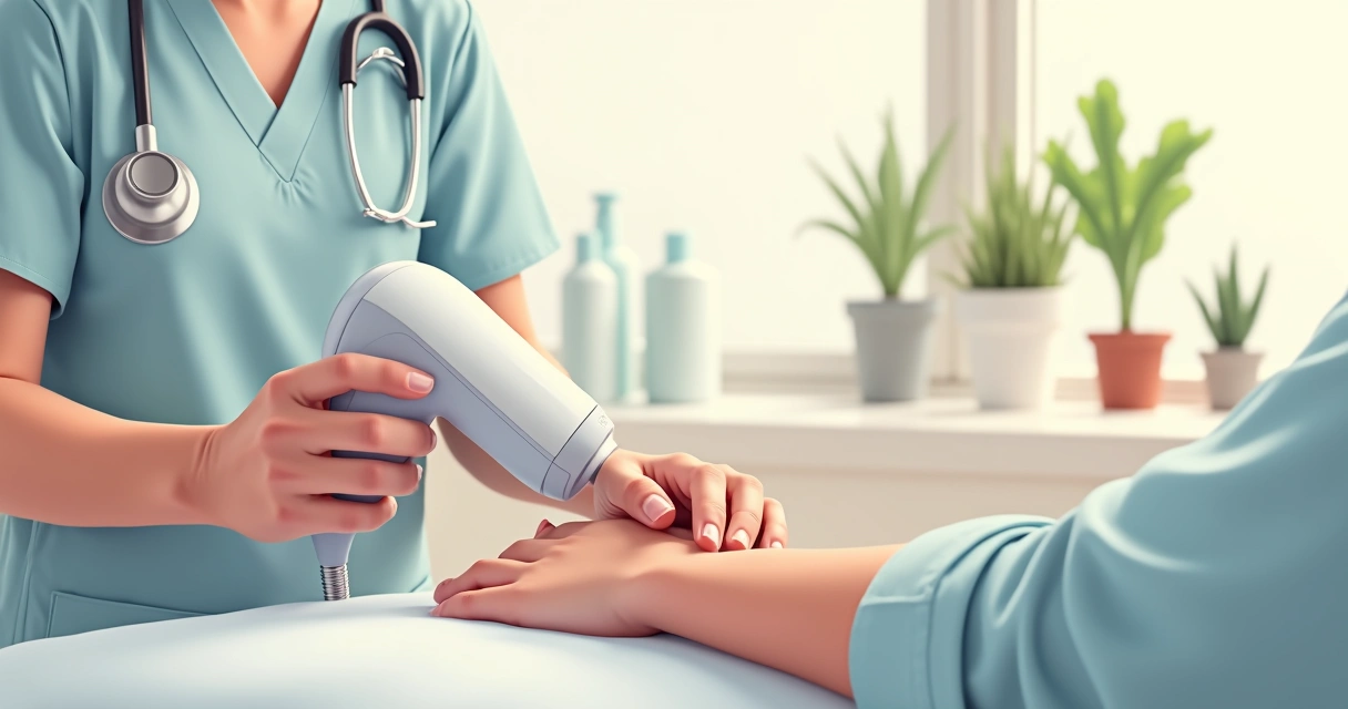 Profissional aplicando tratamento estético nas mãos de paciente.