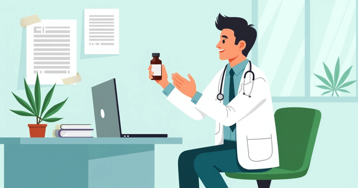 Profissional de saúde analisando frasco de medicamento de cannabis em consultório 