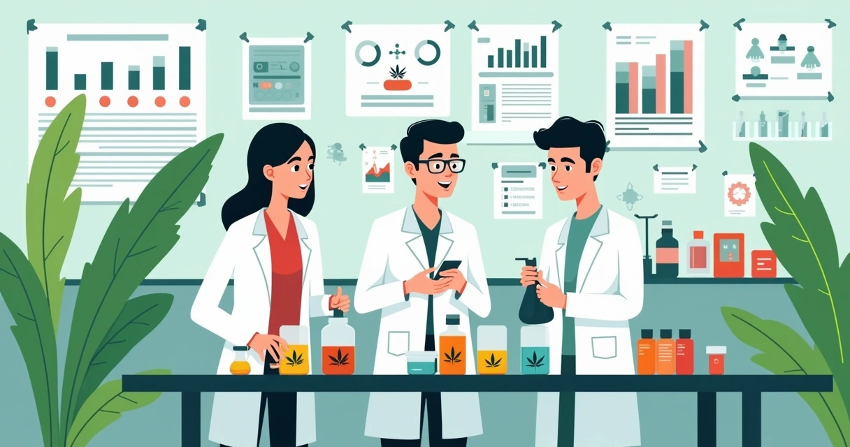 Médicos e cientistas analisando frascos de extrato de cannabis em bancada de laboratório 