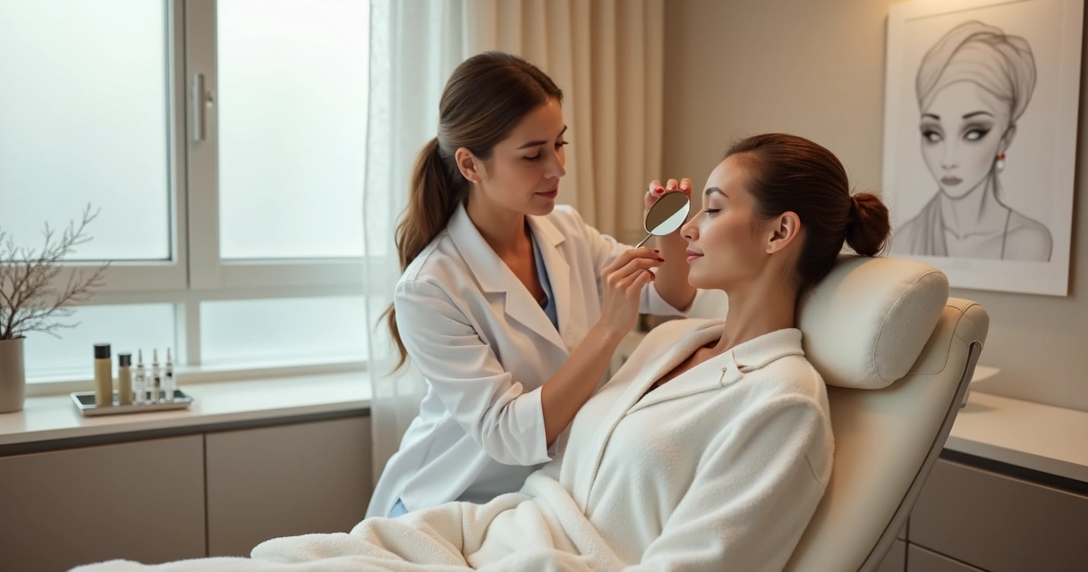 Médica avalia região dos olhos de paciente com olheiras em consultório de estética 
