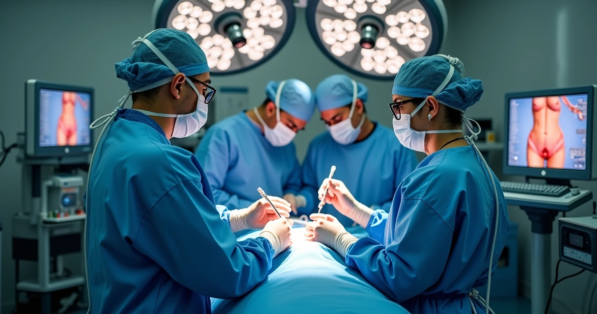 Cirurgia minimamente invasiva no centro cirúrgico com equipe médica em foco 
