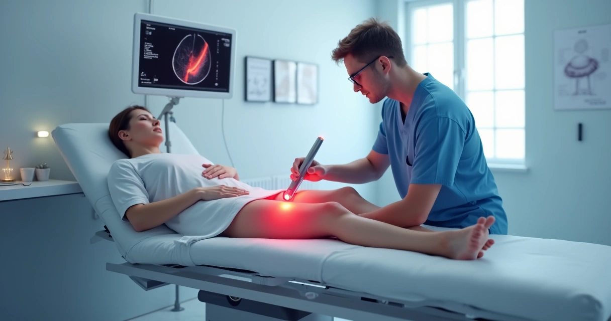 Aplicação de laser minimamente invasivo em perna durante tratamento vascular 