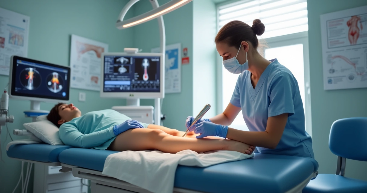 Médico realizando procedimento minimamente invasivo em perna usando tecnologia avançada em clínica moderna 