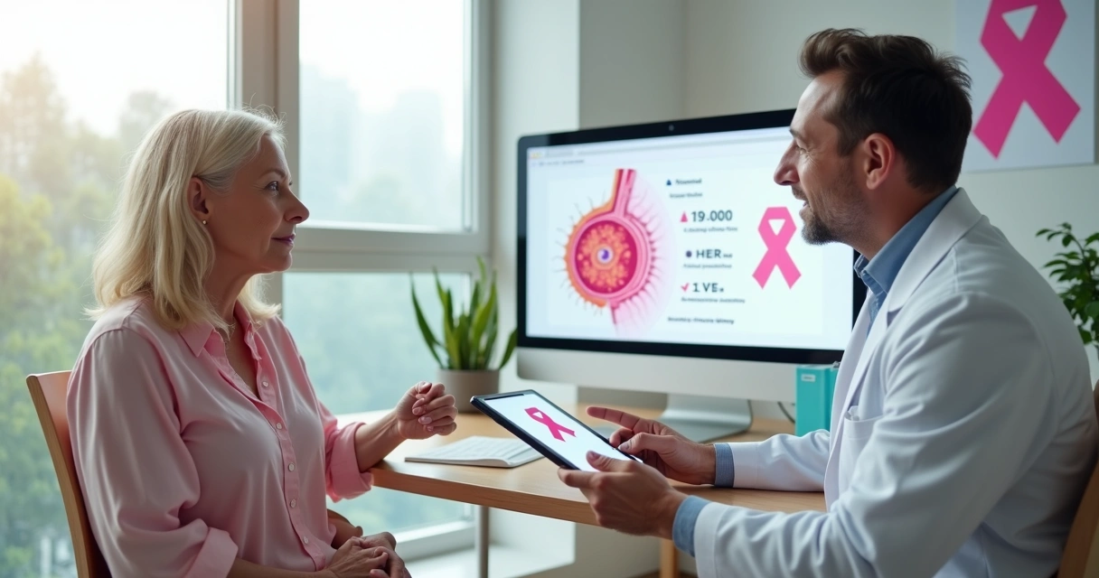 Oncologista explicando tratamento moderno de câncer de mama para paciente em consultório acolhedor 