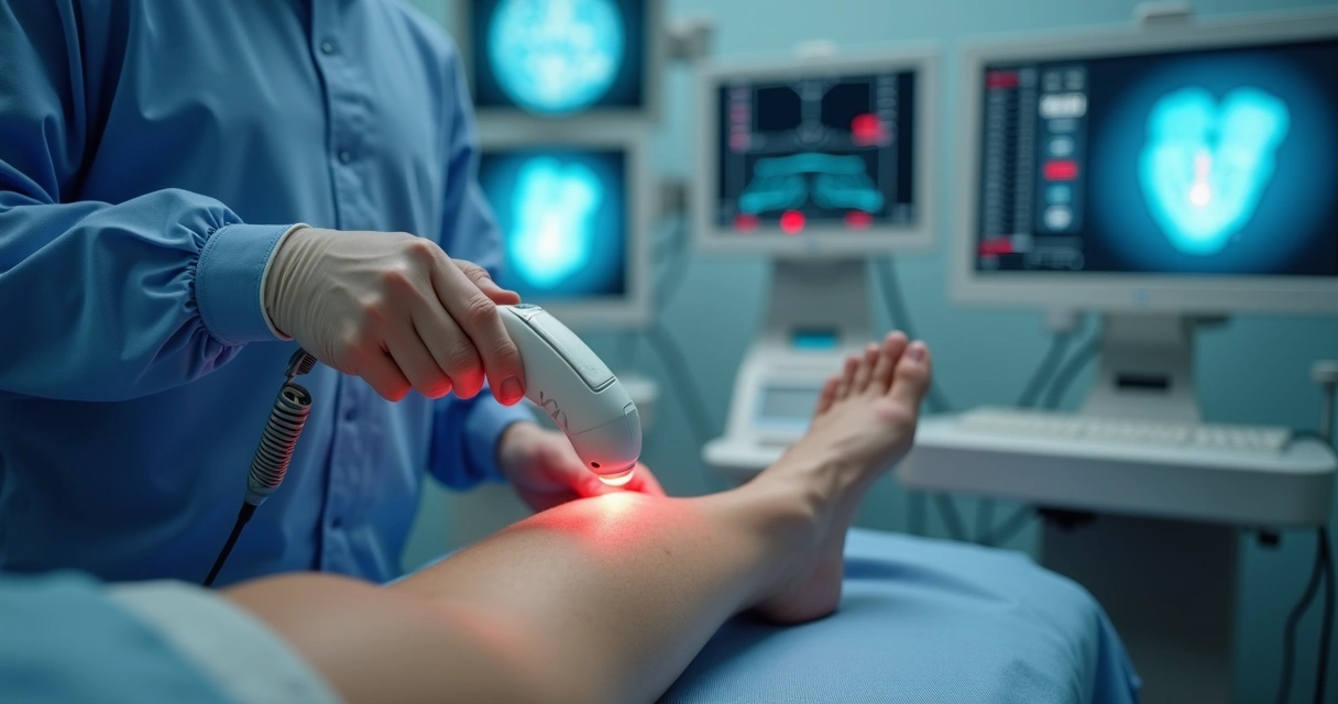 Médico aplicando tratamento a laser em perna de paciente com varizes, usando equipamentos modernos 