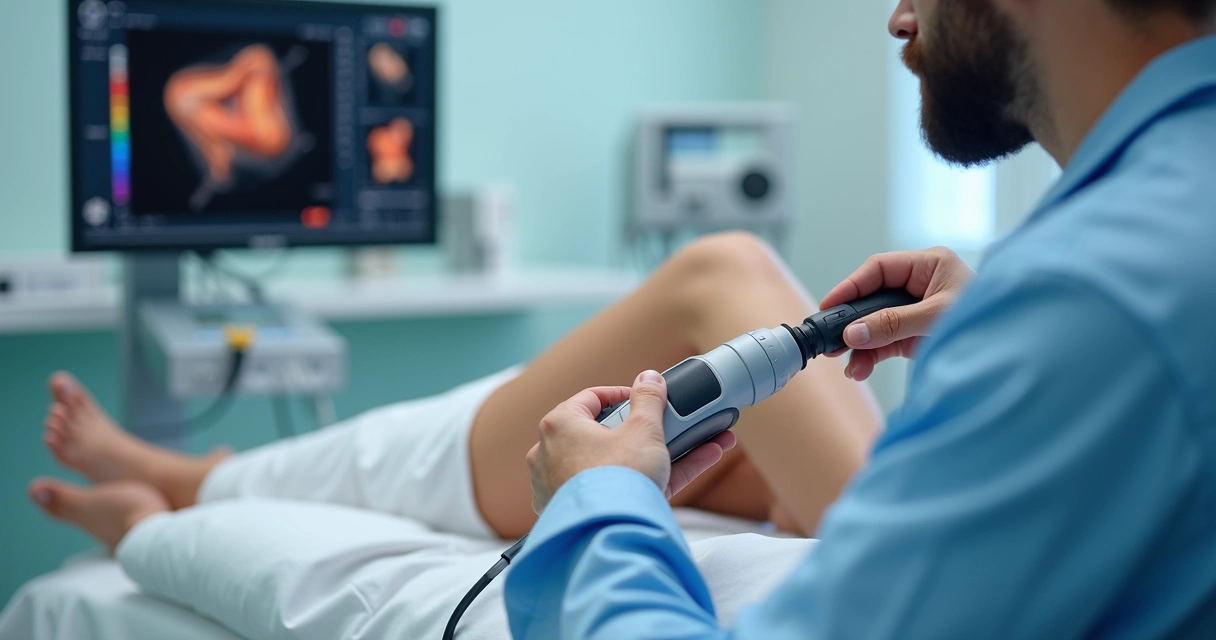 Profissional de saúde demonstrando exame vascular em paciente deitada