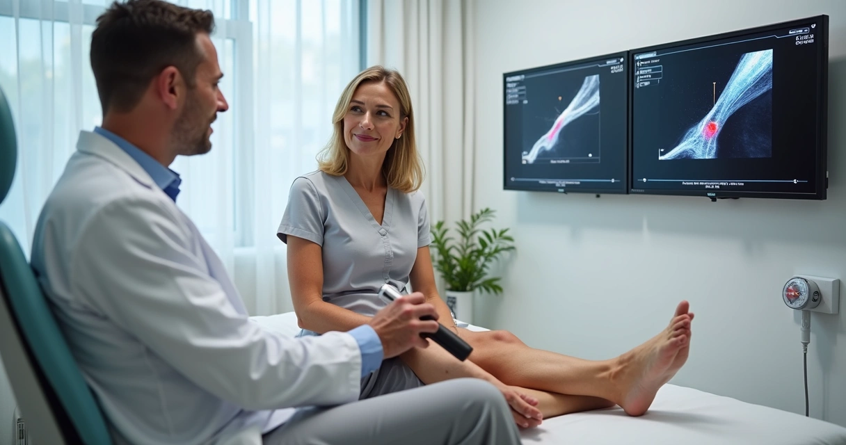 Paciente em consulta vascular avaliando varizes com tecnologia moderna 