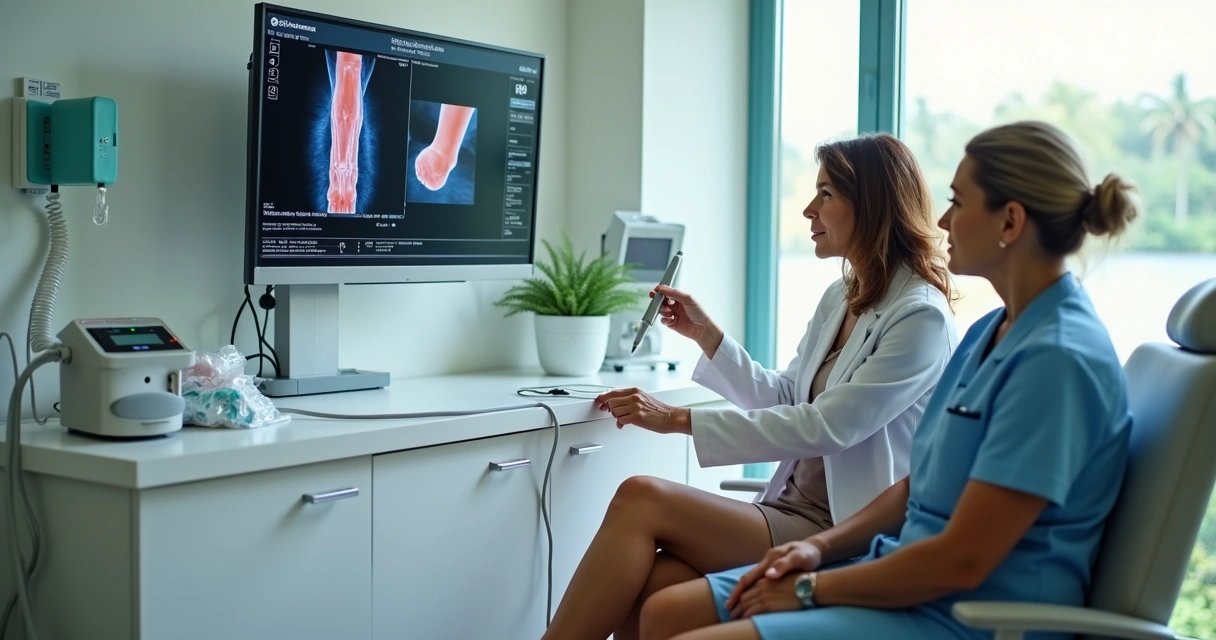 Mulher de meia idade em consulta vascular moderna observando perna sem cortes no consultório 
