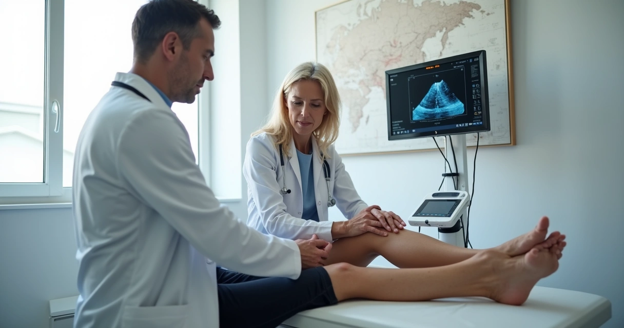 Médico vascular avaliando pernas com varizes em clínica moderna em Belém 