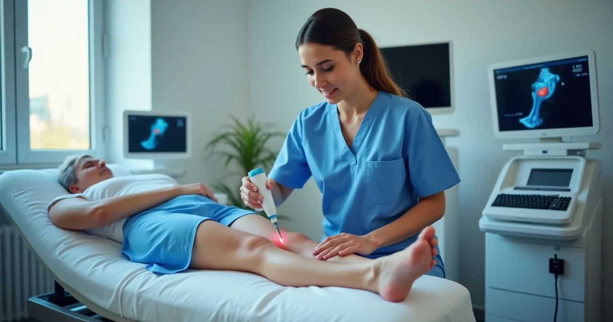 Procedimento vascular moderno com laser em pernas de paciente em ambiente clínico 