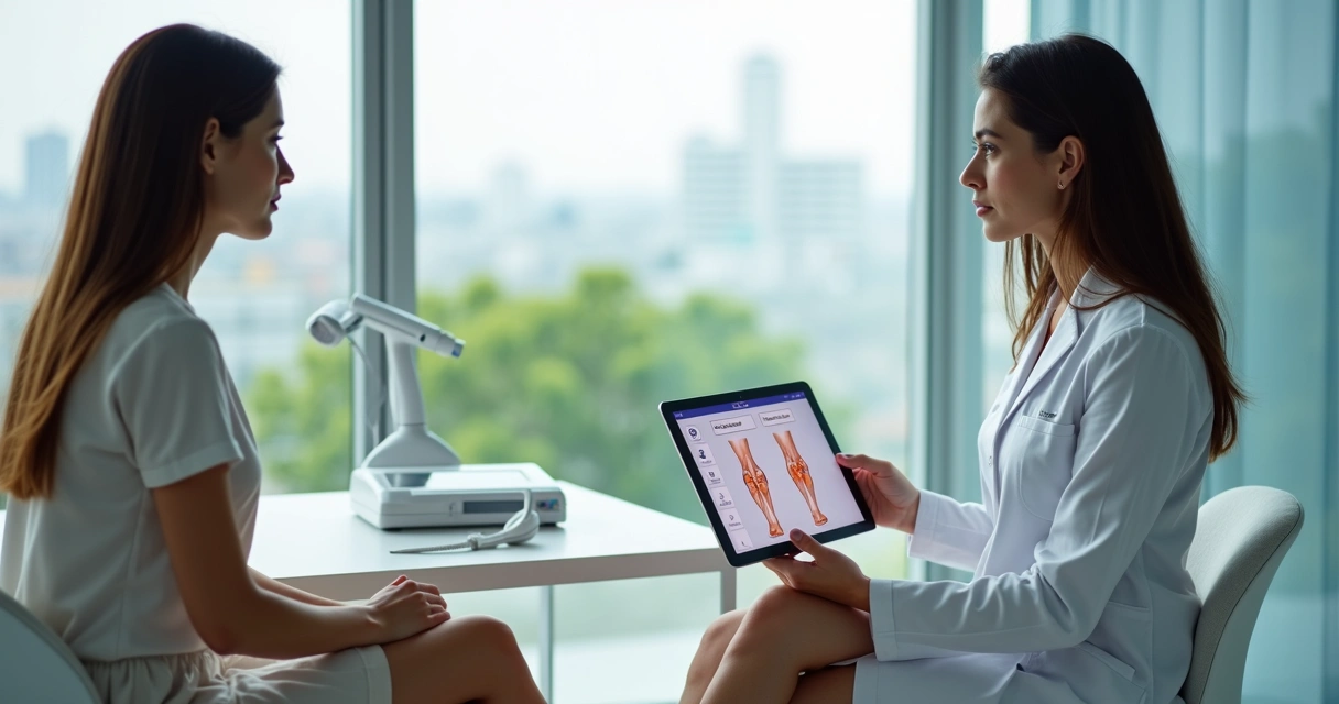 Médica vascular em Campinas mostrando opções modernas de tratamento de varizes em tablet para paciente em consultório tecnológico 